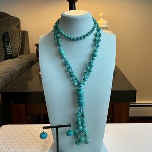 Turquoise Color Lariat/Tassel Necklace and Earring Set